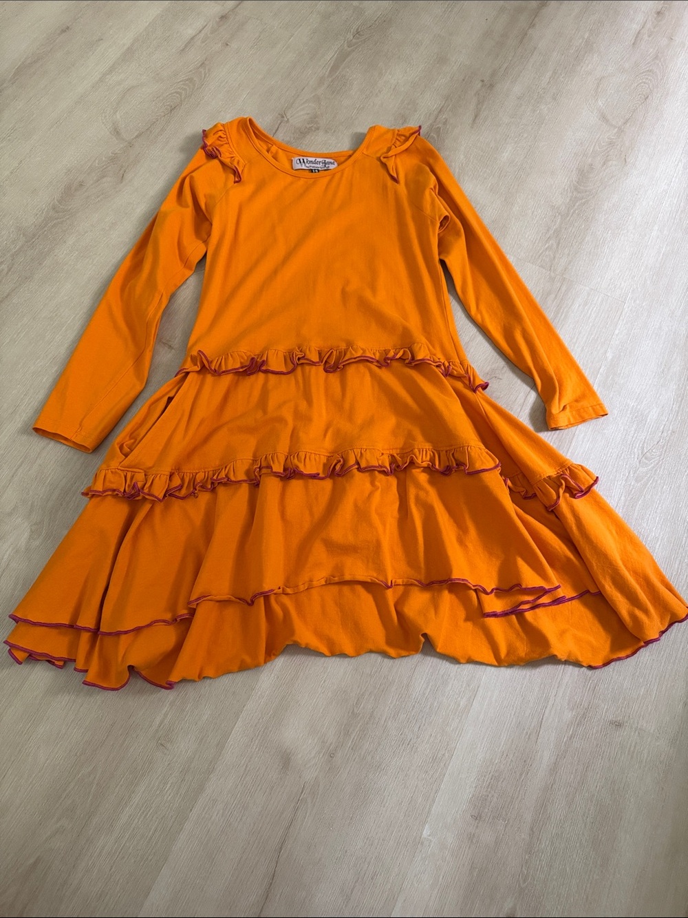 Children's Long-Sleeve Orange Ruffle Tiered Dress